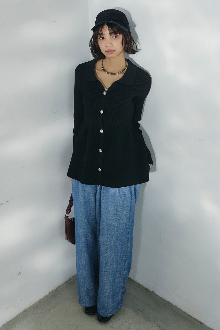 [SET]スキッパーペプラムニット+デニムライクヘリンボーンタックパンツ(2set)