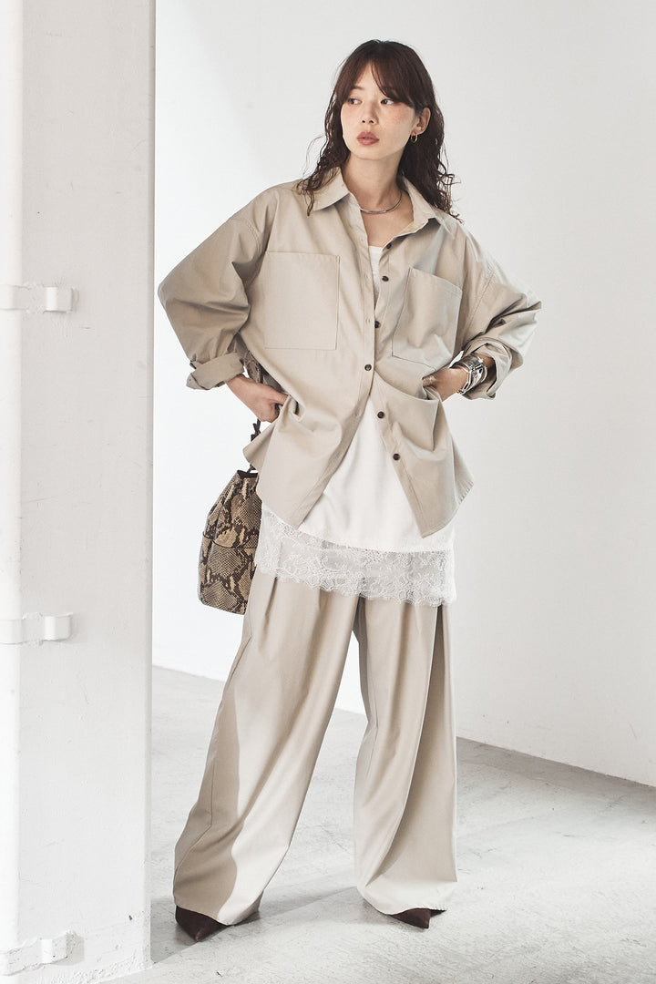 [SET]ウォッシャブルエコレザービックカフスシャツ+ウォッシャブルエコレザータックパンツ(2set)