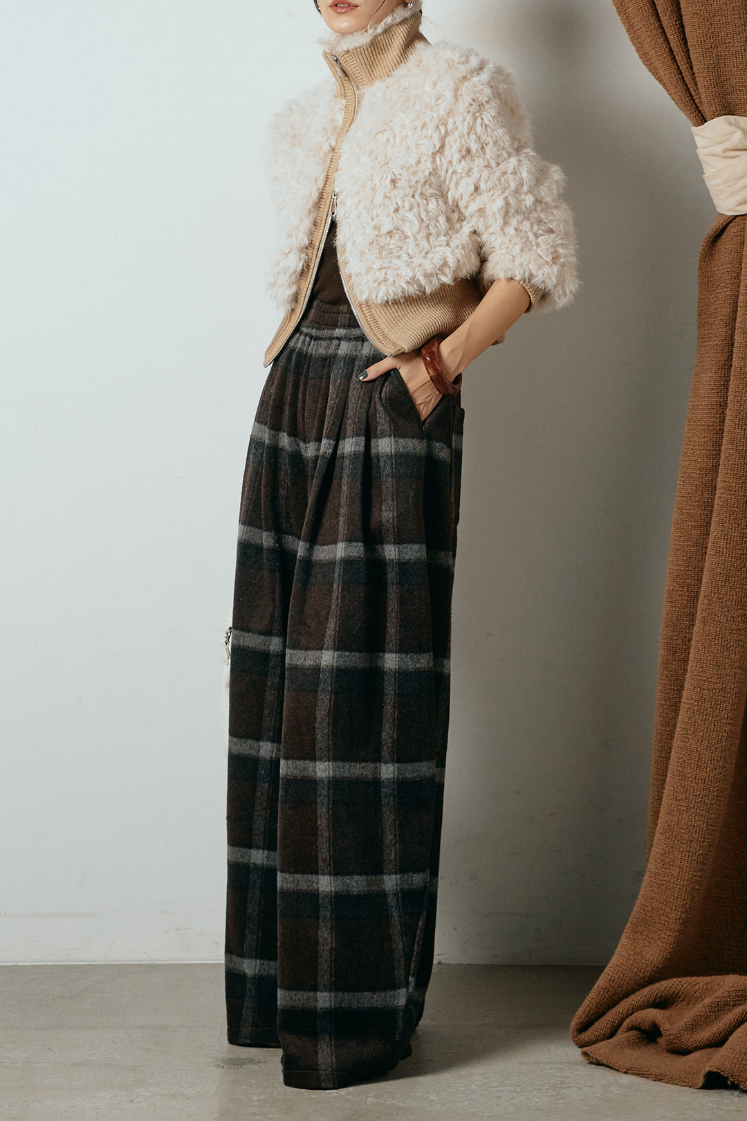[SET]ハイネックショート丈ボアジップブルゾン+起毛タータンチェック柄ワイドパンツ(2set)