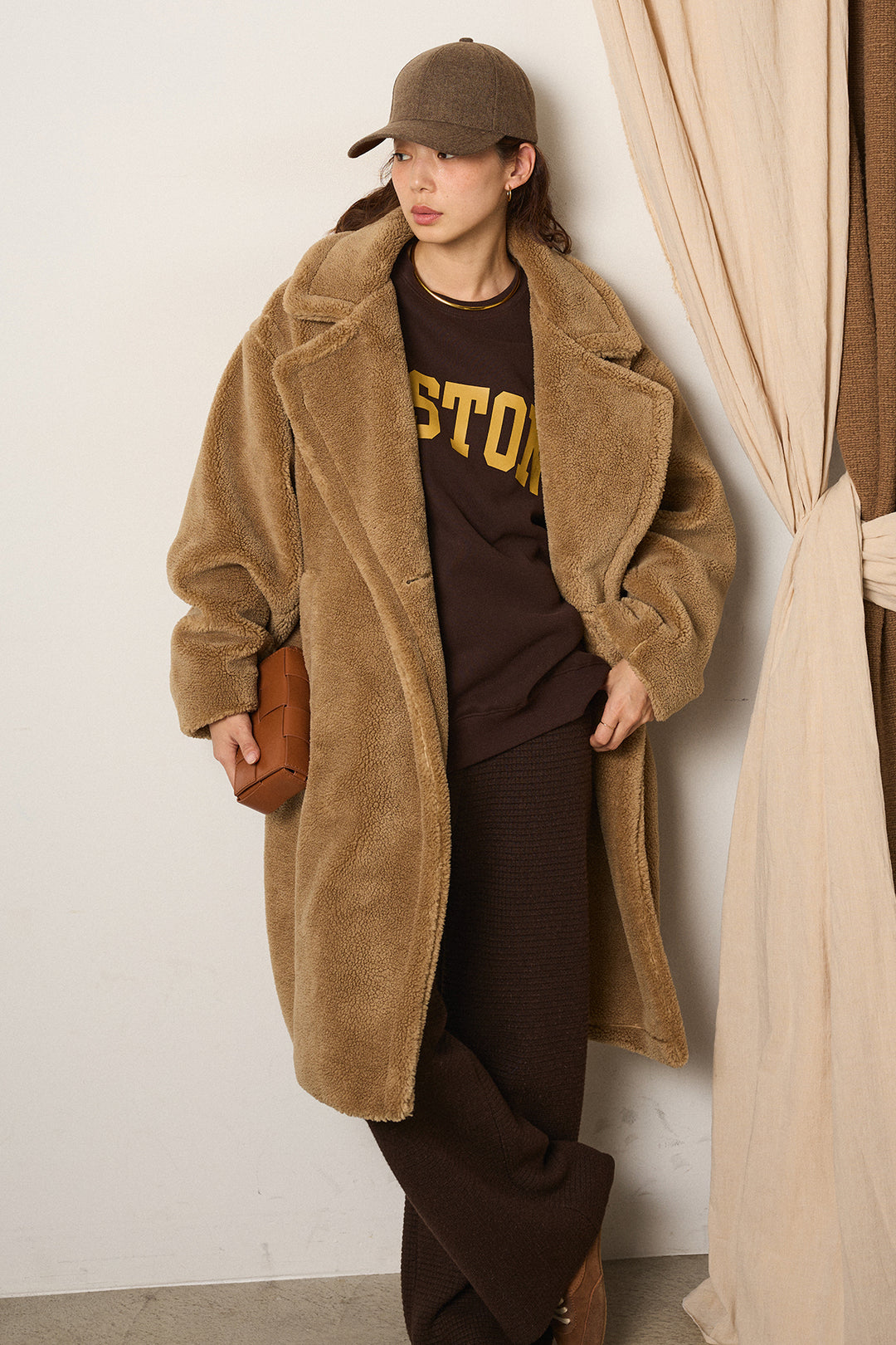 [SET]テディボアロングコート+ロゴデザインルーズスウェット+ワイドリブニットイージーパンツ(3set)