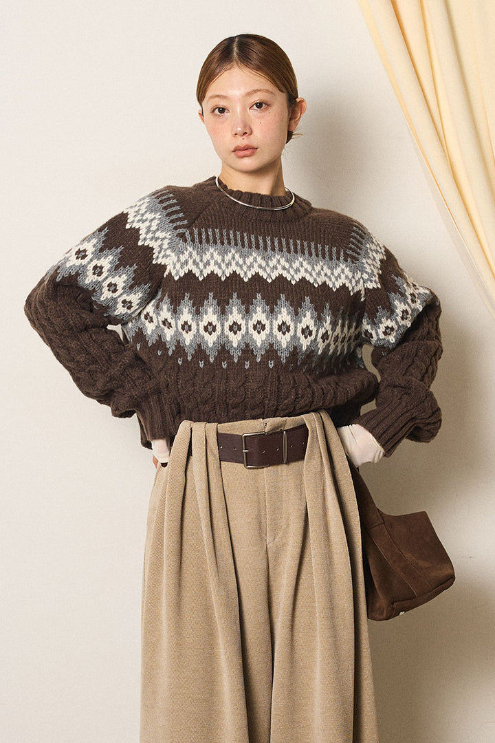 [SET]2WAY求心柄ジャガードショートカーディガン+2WAY袖コード刺繍クルーネックプルオーバー(2set)