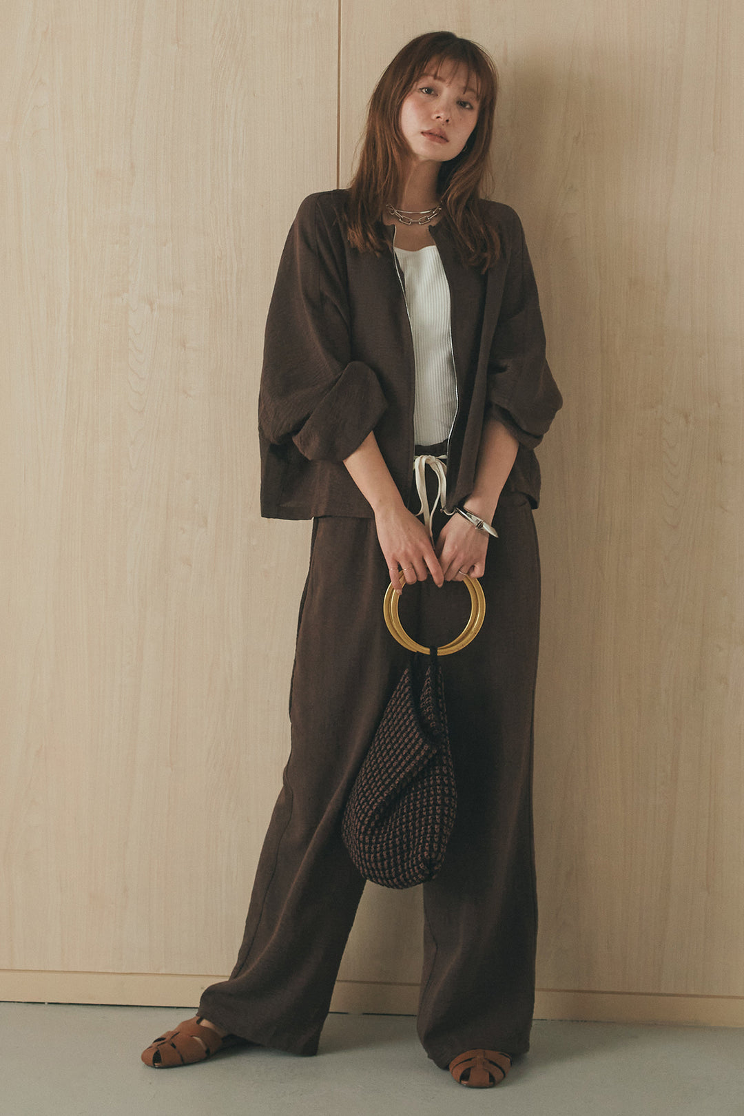 [SET]麻混ノーカラーブルゾン+麻混ウエストドロストパンツ(2set)