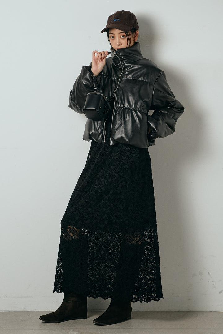[SET]レザーライクWジップスタンドカラー中綿ブルゾン+総レース刺繍スカート(2set)