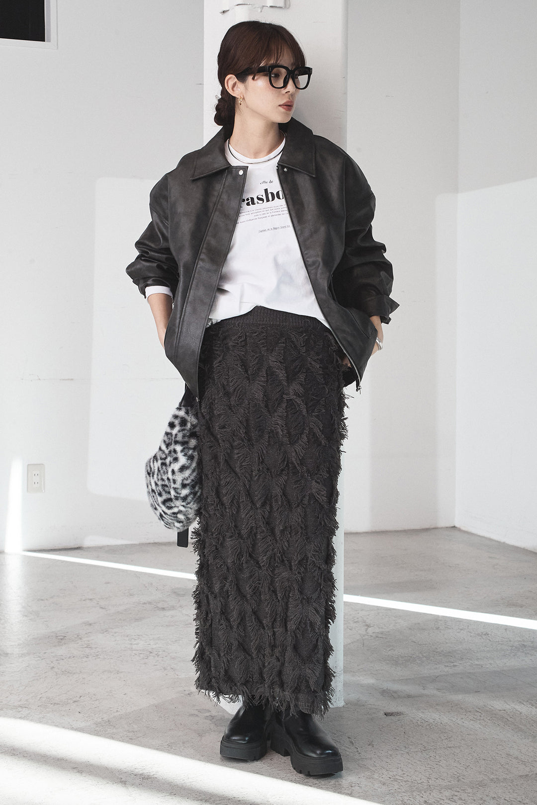 [SET]レザーライクオーバーサイズブルゾン+カットフリンジニットタイトスカート(2set)