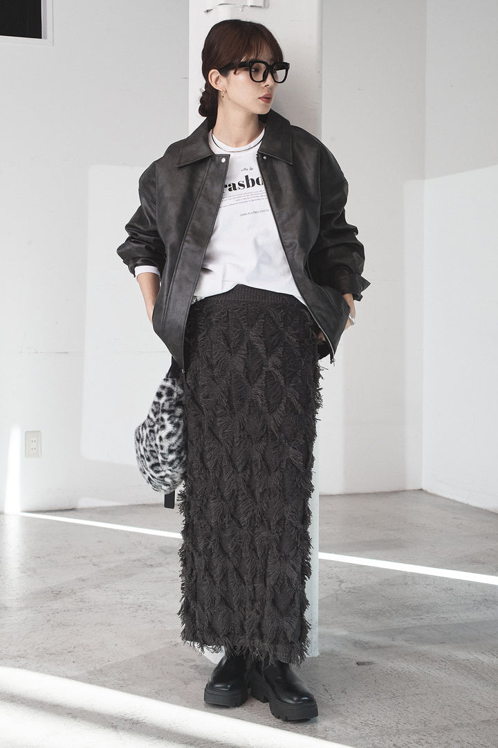 [SET]レザーライクオーバーサイズブルゾン+カットフリンジニットタイトスカート(2set)