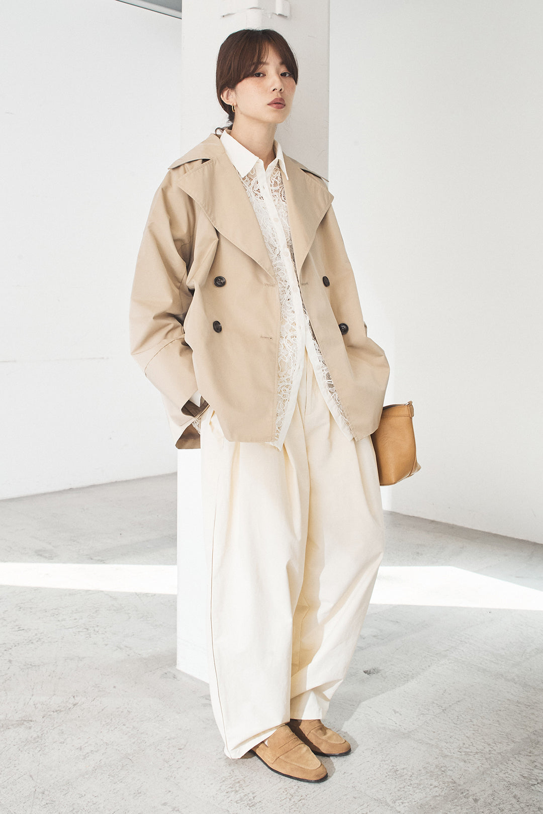 [SET]ナイロントレンチコート+合繊ツイルパイピングタックカーブパンツ(2set)