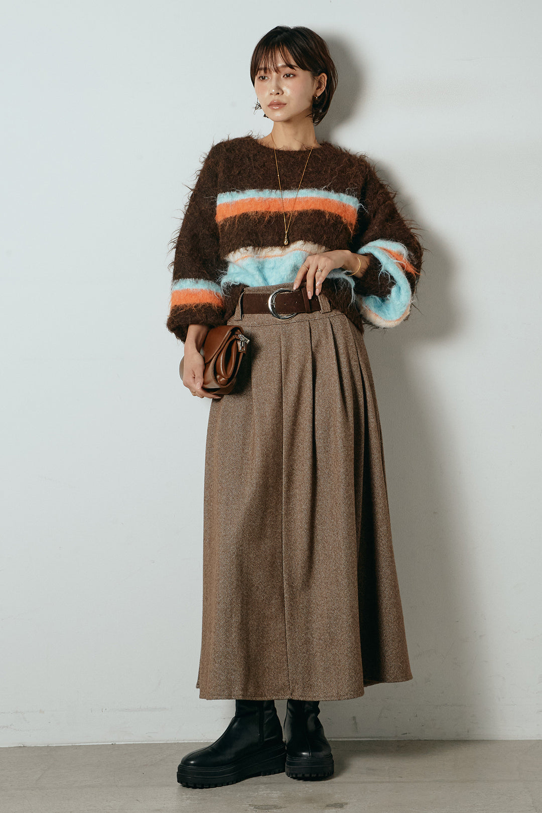 [SET]起毛配色マルチボーダーニットトップス+太ベルト付きヘリンボーンプリーツスカート(2set)