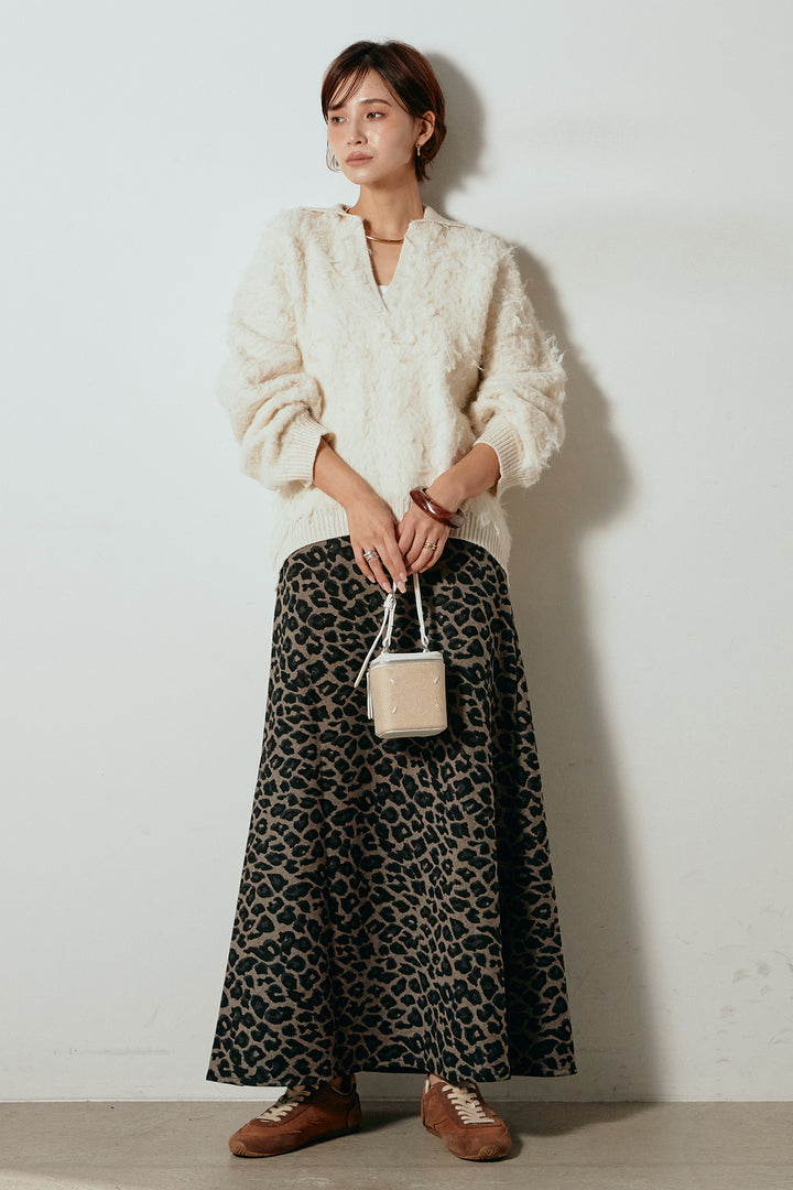 [SET]襟付きシャギーニットポロトップス+レオパードロングスカート(2set)