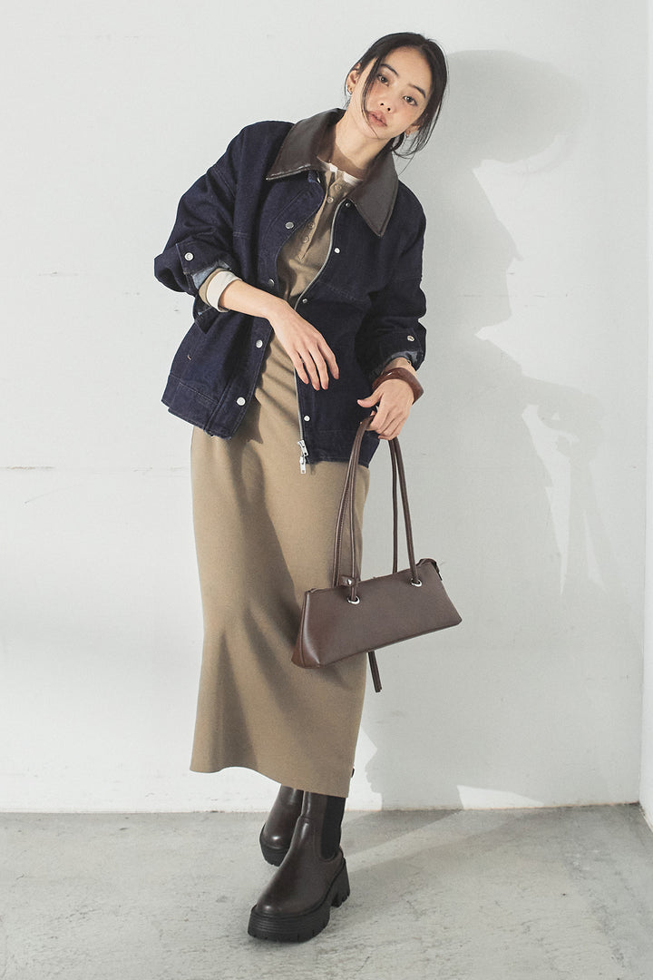 [SET]加工デニムレザー襟付きデニムブルゾン+カットリブレイヤードヘンリーネックワンピース(2set)