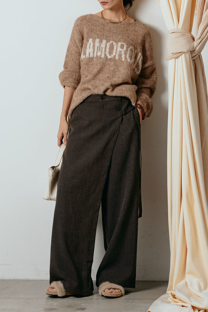 [SET]フロントロゴデザインニットトップス+ラップ巻きワイドスラックス(2set)