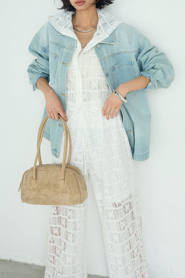 [SET]デニムオーバーサイズジャケット+パッチワークレースイージーパンツ+パッチワークレースショート丈フードシャツ(3set)