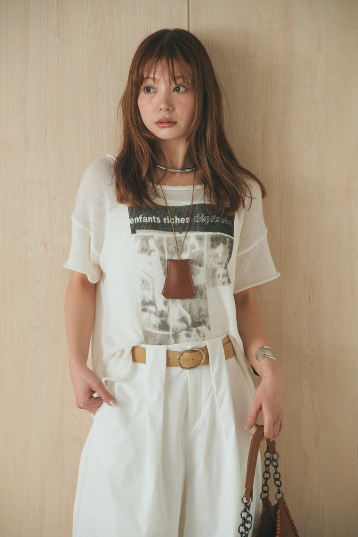 [SET]半袖モノトーングラフィックトップス+ベルトループデザインハイウエストタックパンツ(2set)