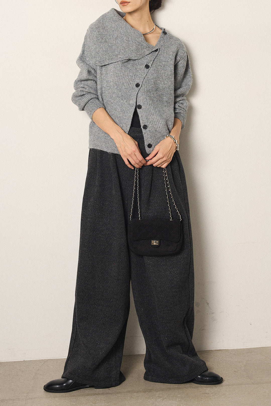 [SET]ボタンデザインネックニットプルオーバー+起毛タック入りツイードワイドパンツ(2set)