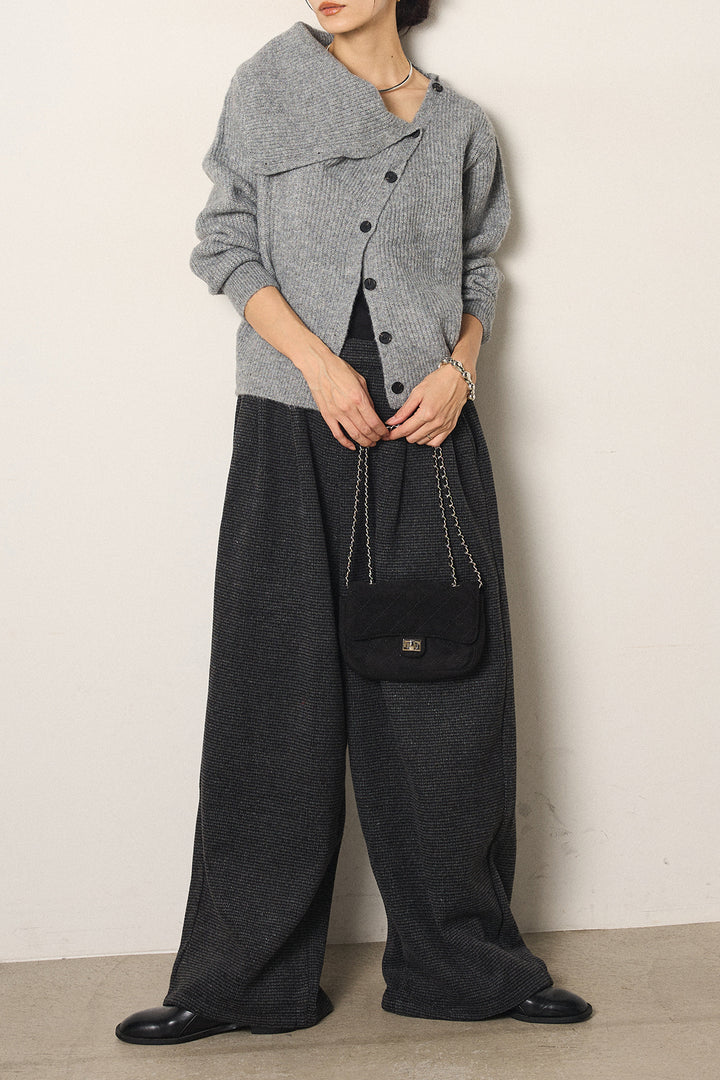 [SET]ボタンデザインネックニットプルオーバー+起毛タック入りツイードワイドパンツ(2set)