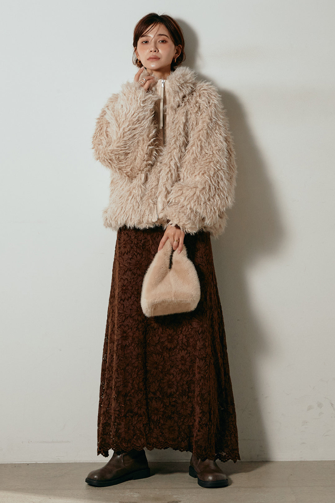 【着回しセット】[SET]ミックスシープファースタンドブルゾン+花柄刺繍ベロアフレアスカート+フェイクウールタックトラウザーズパンツ(3set)