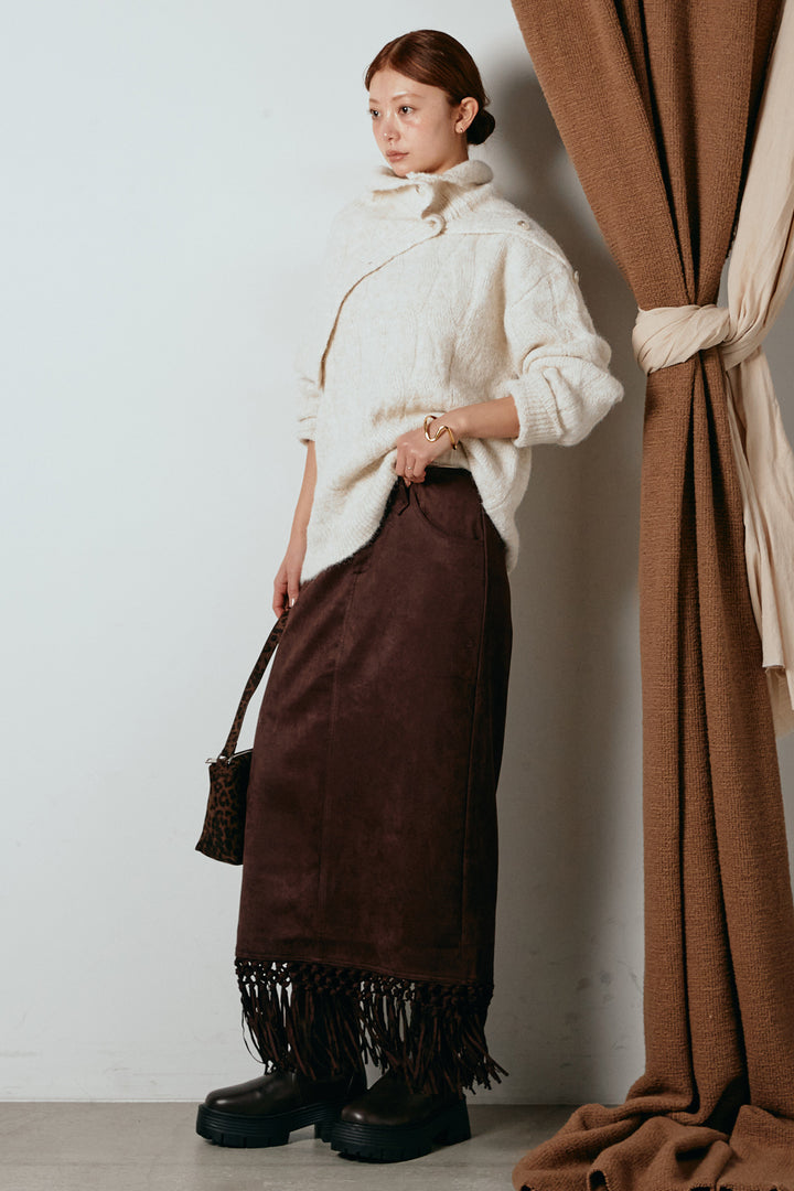 [SET]ケープデザインケーブルニットトップス+スウェードライク裾フリンジスカート(2set)