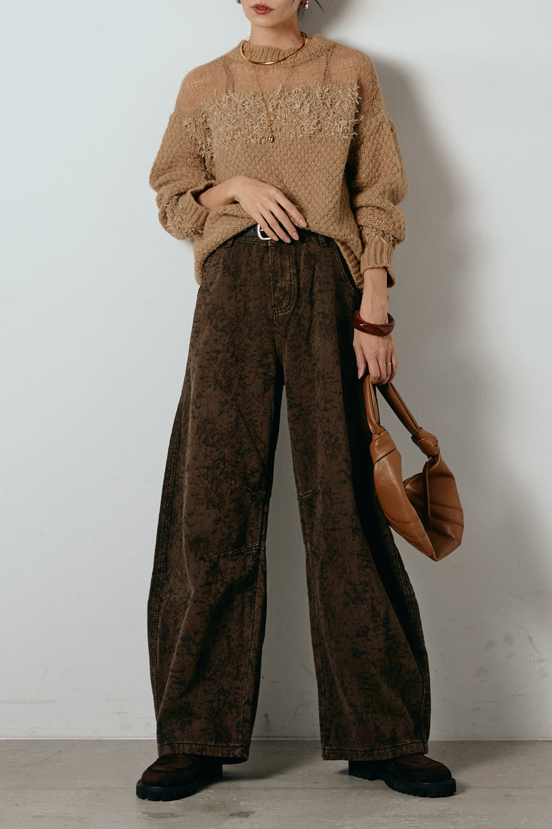 [SET]パターンランダム編みニットトップス+ベルト付きニュアンス柄カーブワイドパンツ(2set)