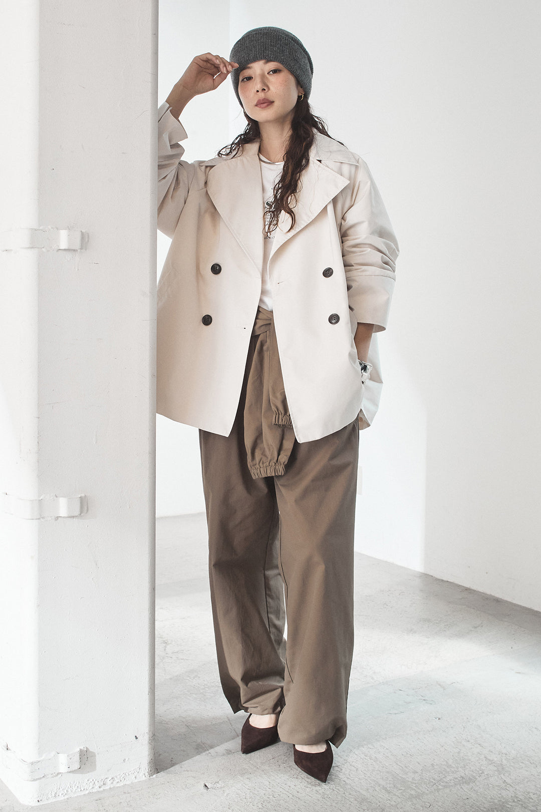 [SET]ナイロントレンチコート+合繊ツイルスタンドウエスト巻きジョガーパンツ(2set)