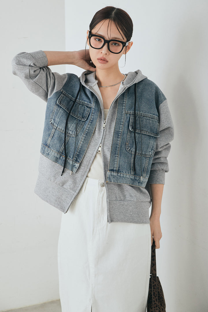 [SET]デニム切替ポンチダブルジップパーカー+裾レースデザインデニムスカート(2set)
