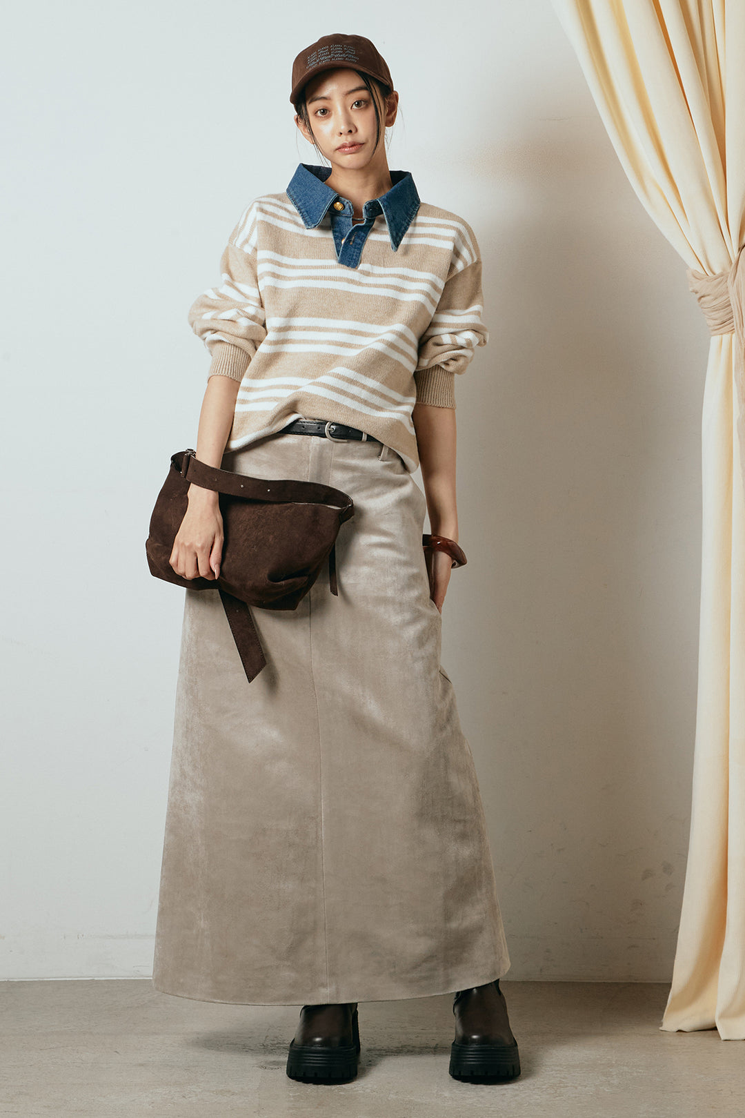 [SET]デニムレイヤード風ランダムボーダーニットプルオーバー+エコスウェードワイドスカート(2set)