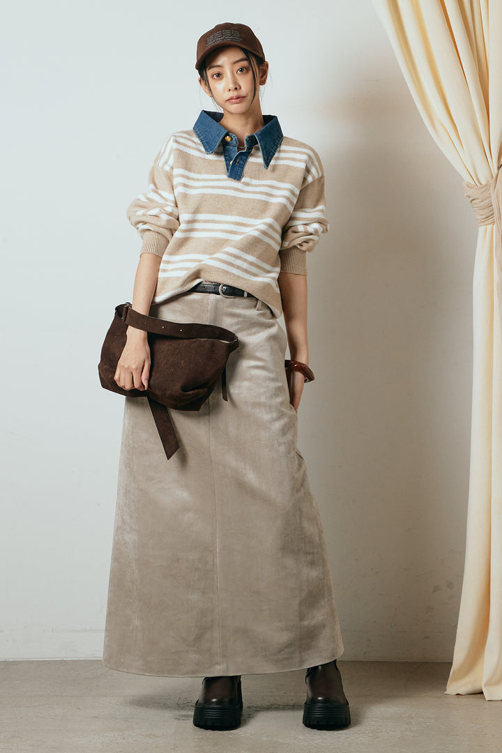 [SET]デニムレイヤード風ランダムボーダーニットプルオーバー+エコスウェードワイドスカート(2set)