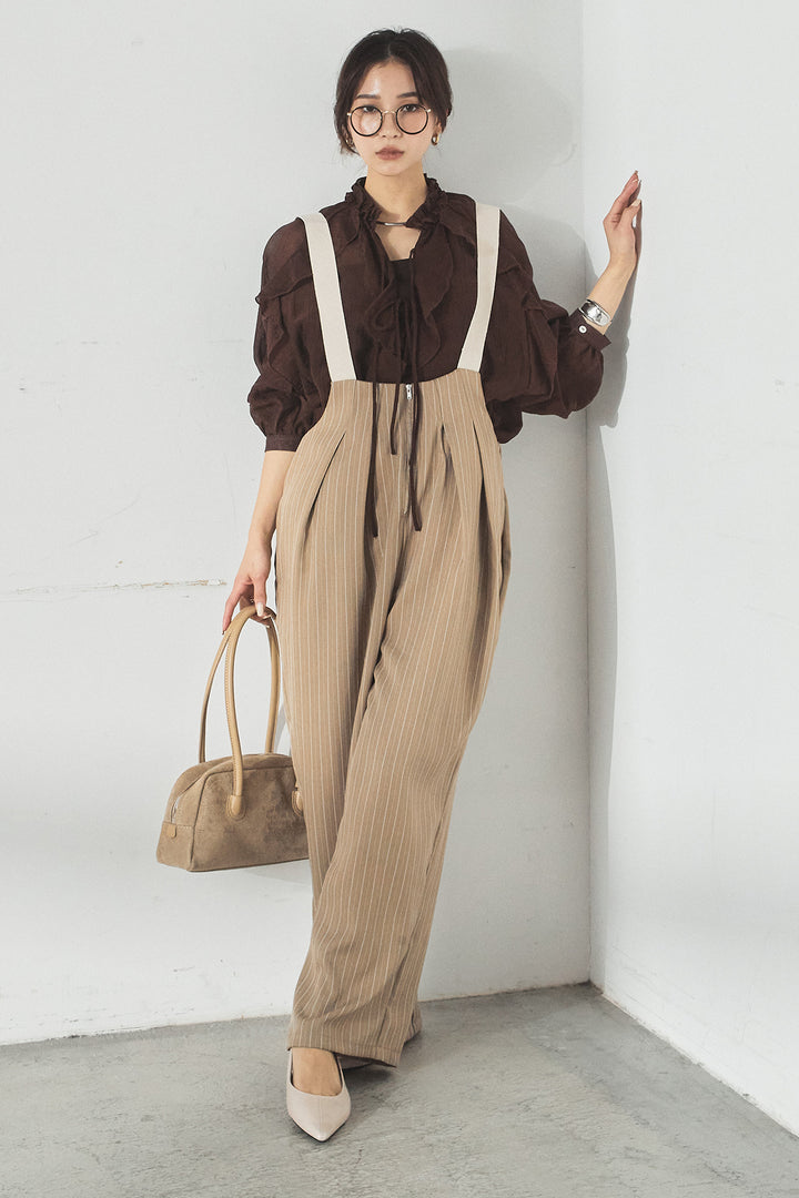 [SET]フロントリボンフリルブラウス+ピンストライプツータックサロペット(2set)