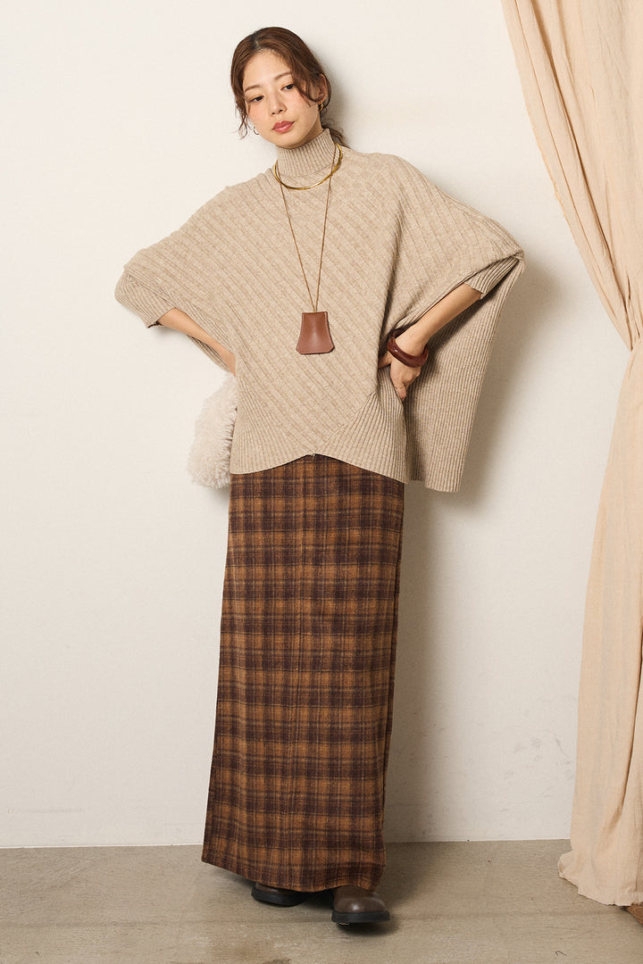 [SET]アシメデザインリブポンチョニットトップス+シャギーチェックストレートスカート(2set)