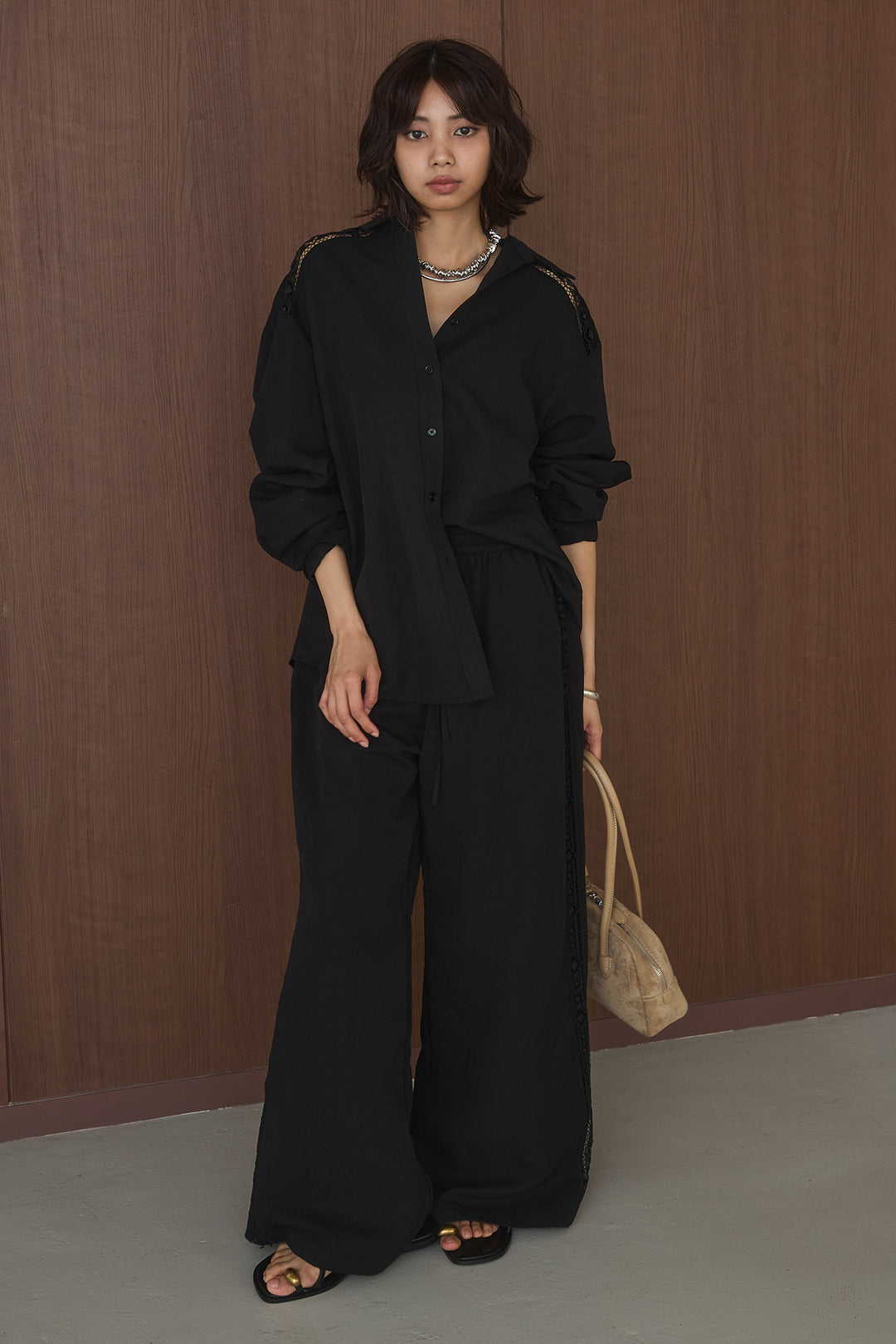 [SET]麻混ショルダーライン柄シャツ+麻混サイドライン柄パンツ(2set)
