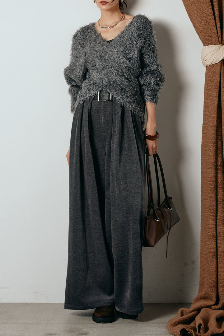 [SET]シャギークロスニットトップス+ベルトループコーデュロイワイドパンツ(2set)