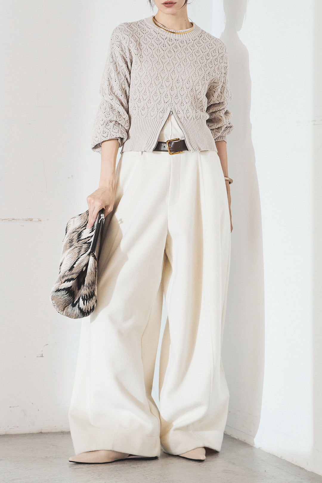 [SET]透かし編みニットジップスリットプルオーバー+ウールタッチカーブワイドパンツ(2set)