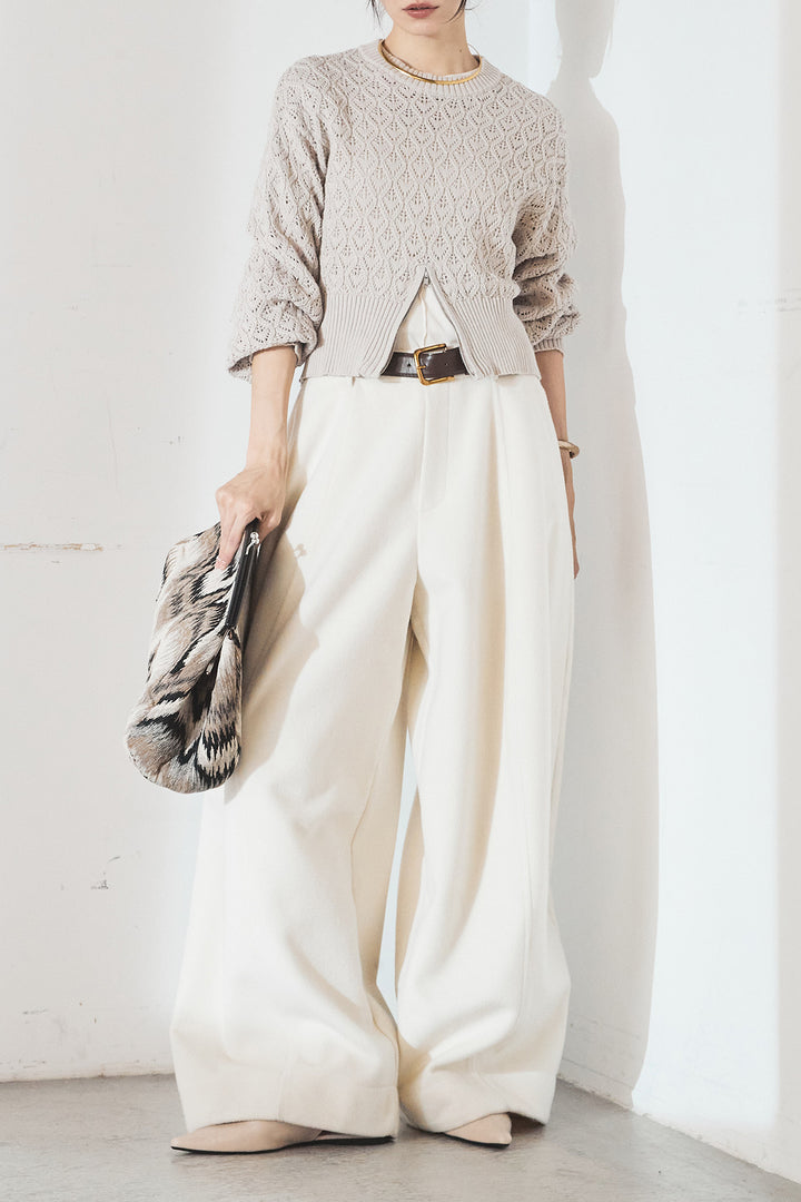 [SET]透かし編みニットジップスリットプルオーバー+ウールタッチカーブワイドパンツ(2set)