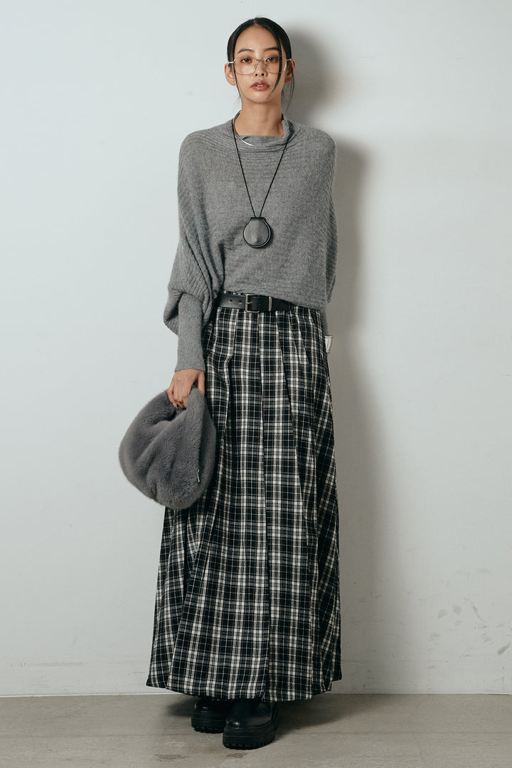 [SET]ポンチョシルエット透かしニットトップス+ベルト付きタータンチェックプリーツスカート(2set)