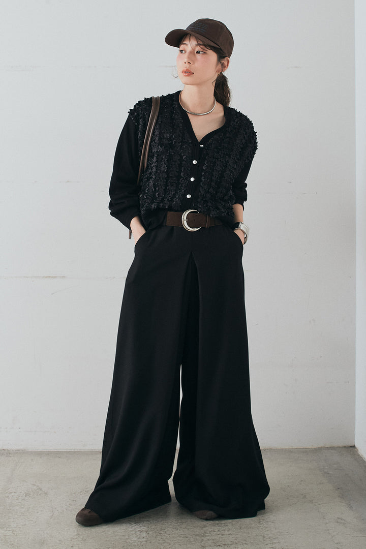 [SET]モコレースVネックカーディガン+太ベルト付きフロントタックパンツ(2set)