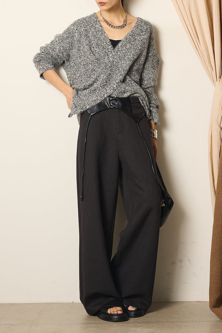 [SET]ヘアバンド付きクロスデザインミックスニットトップス+フェイクレザーウエスト折り返しデザインパンツ(2set)