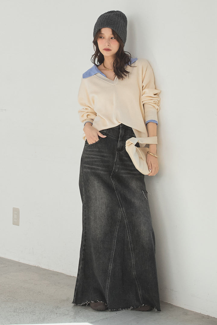 [SET]バイカラーニットレイヤード風プルオーバー+Aラインデニムスカート(2set)