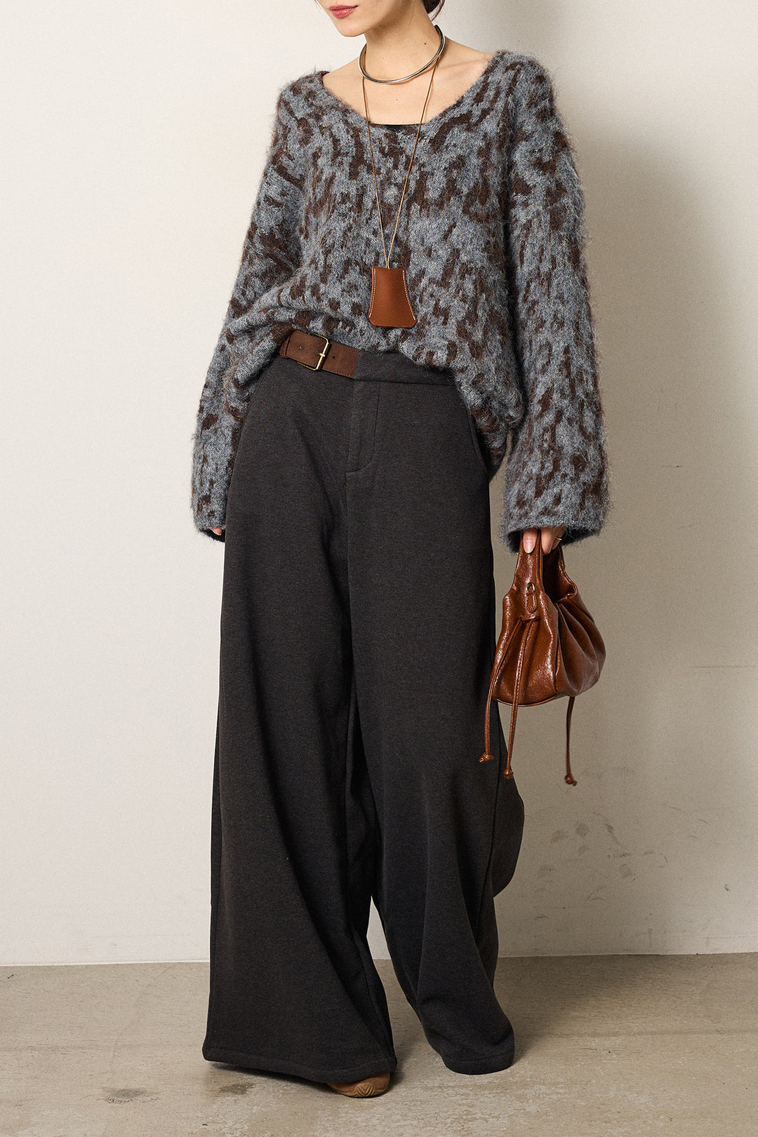 [SET]フラッフィーレオパードシャギーニット+サイドベルトパンツ(2set)