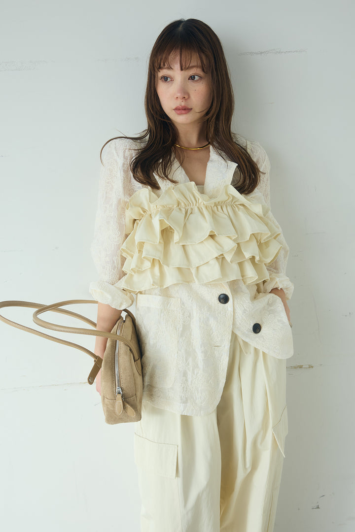 [SET]刺繍シアーテーラードジャケット+撥水フリルビスチェ+撥水ジョガーパンツ(3set)