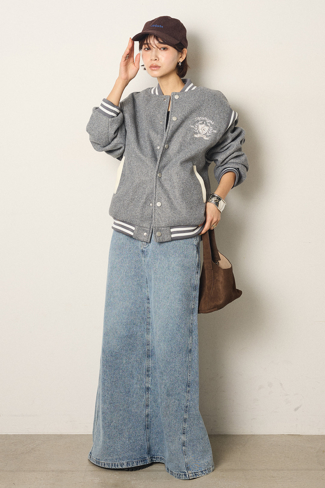 [SET]ワンポイントデザインブルゾン+デニムロングフレアスカート(2set)