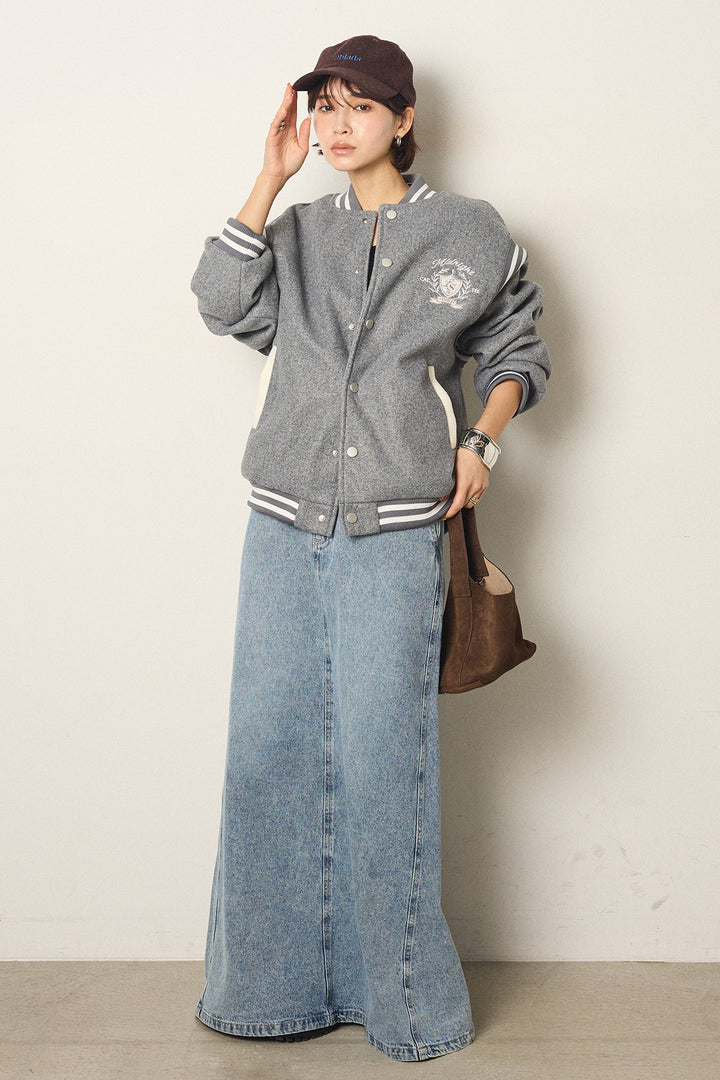 [SET]ワンポイントデザインブルゾン+デニムロングフレアスカート(2set)