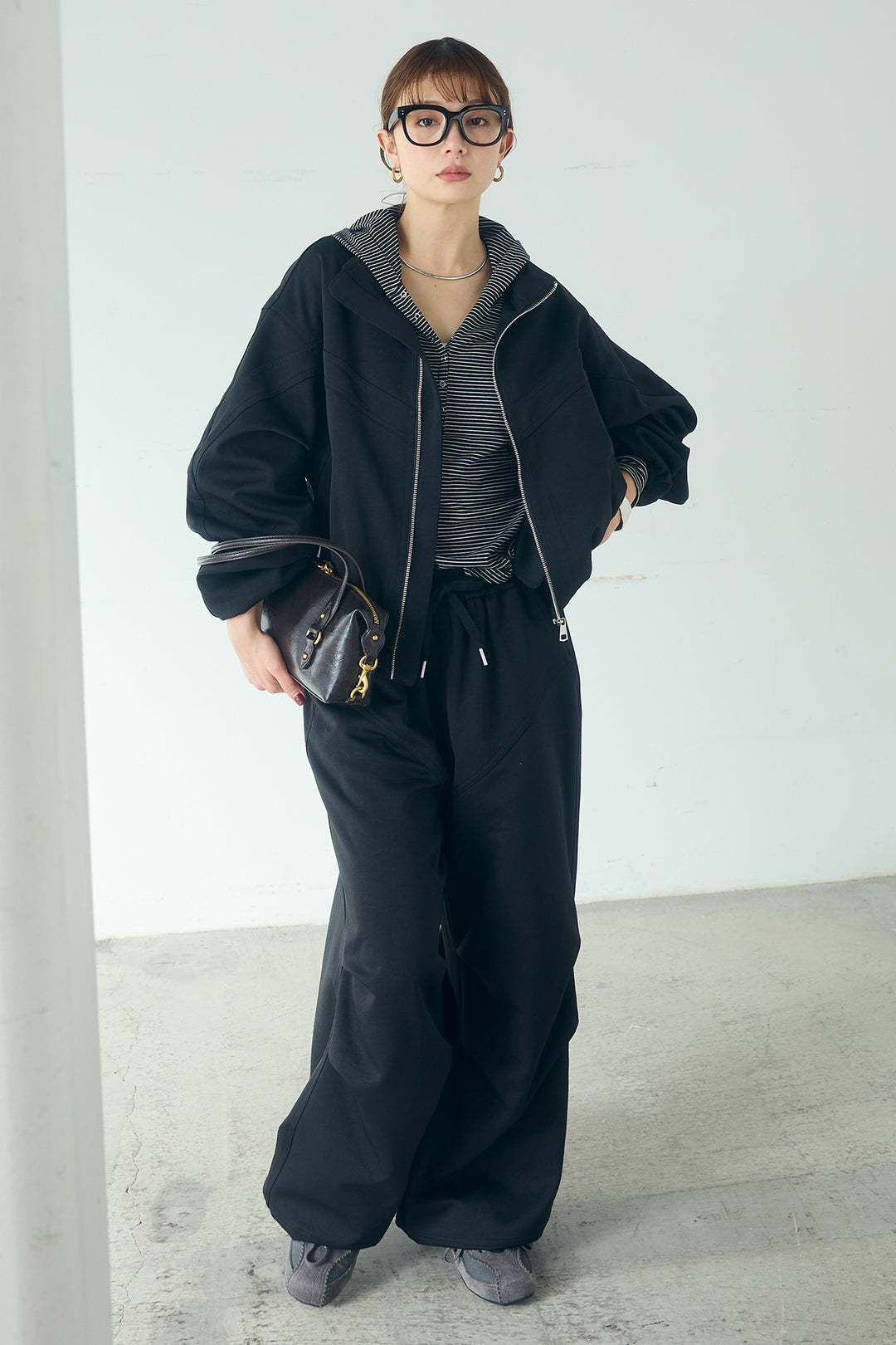 [SET]マルチ切り替えドルマンブルゾン+ランダムタックデザインワイドパンツ+ボーダーフーディーロンT(3set)