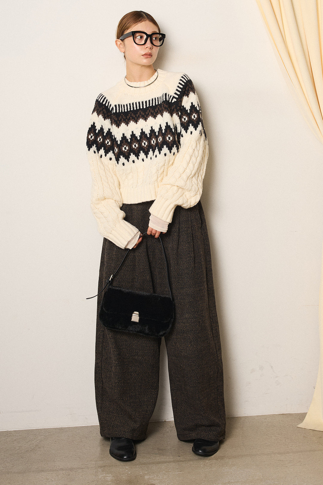 [SET]2WAY求心柄ジャガードショートカーディガン+起毛タック入りツイードワイドパンツ(2set)