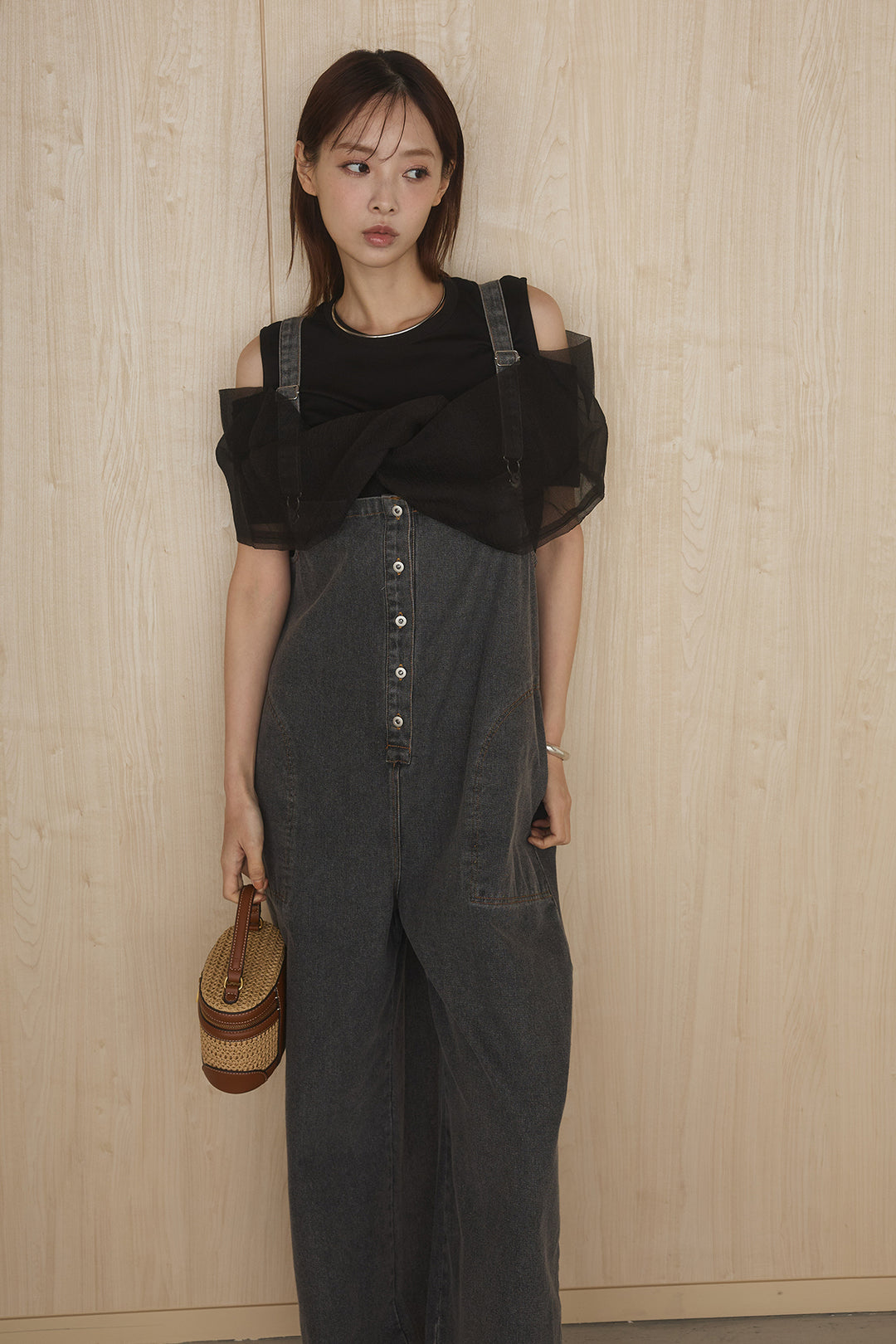 [SET]シアーレイヤーデザインカットソー+フロントボタンデニムサロペット(2set)