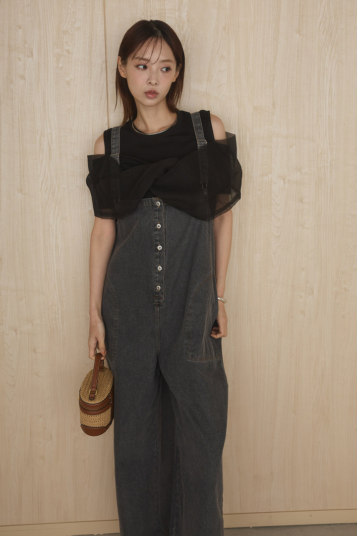 [SET]シアーレイヤーデザインカットソー+フロントボタンデニムサロペット(2set)