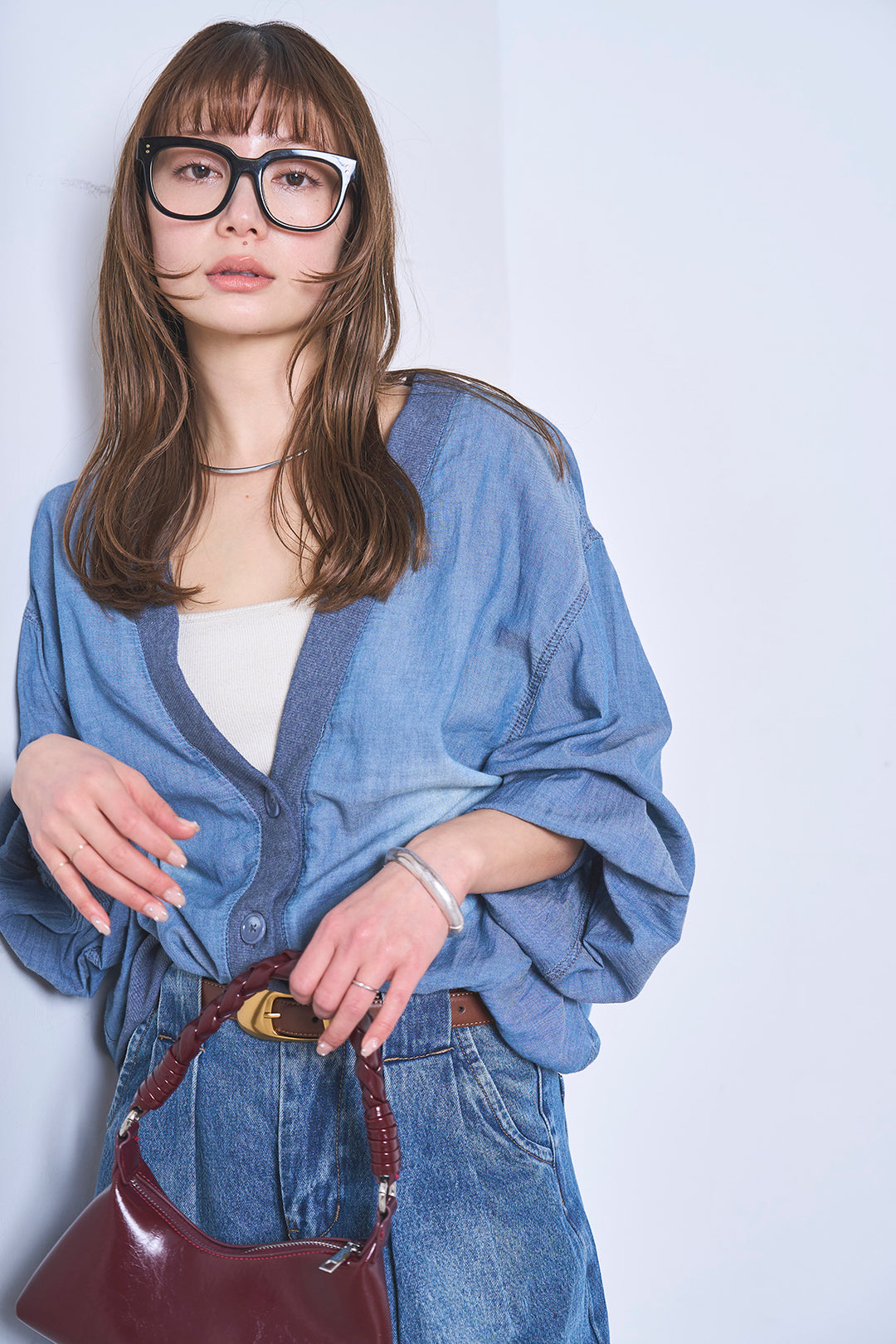 [SET]シアーデニムカーディガン+ベルトループワイドタックデニムパンツ(2set)