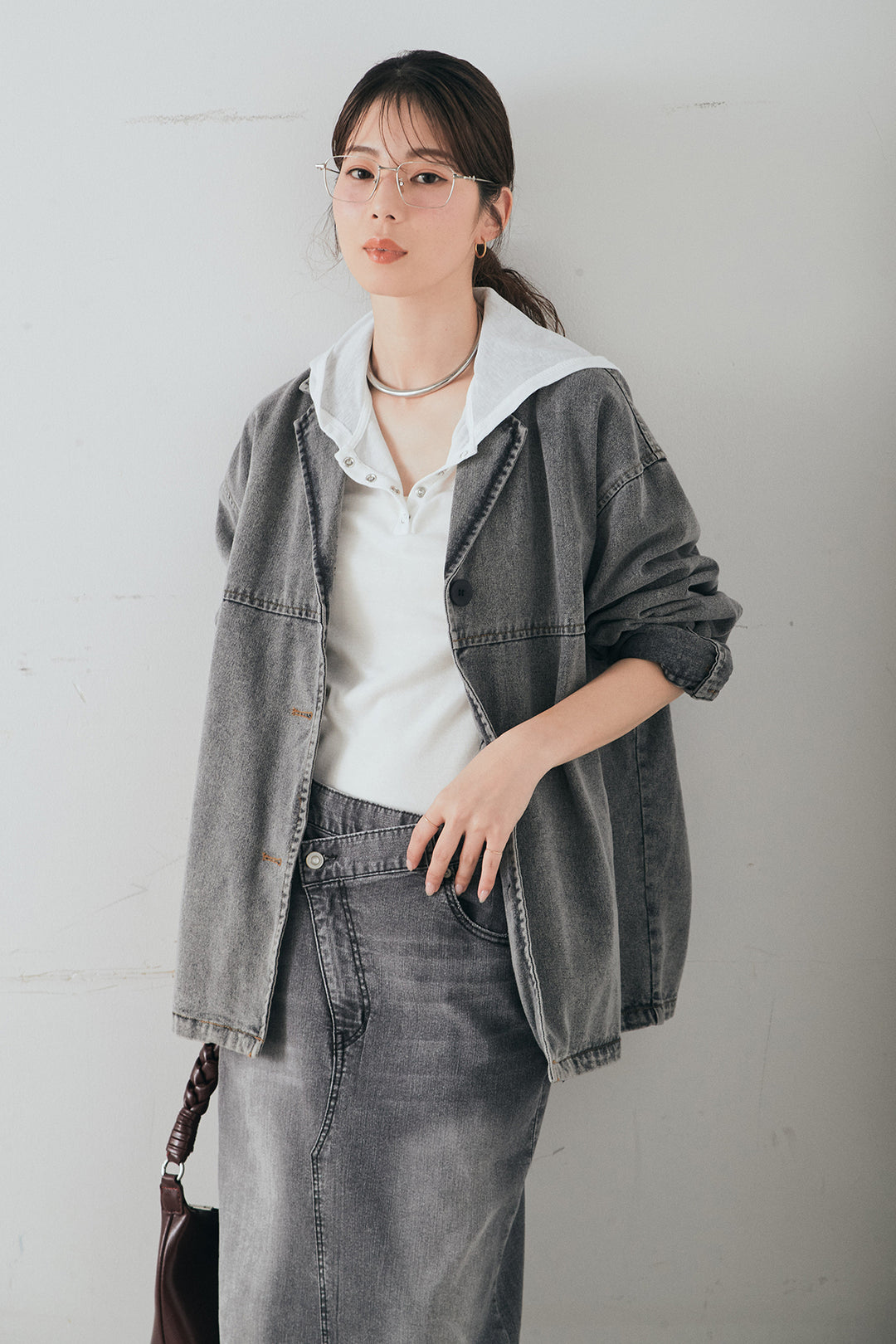 [SET]オーバーデニムジャケット+ウエストクロスデニムタイトスカート+シアーリブフーディプルオーバー(3set)