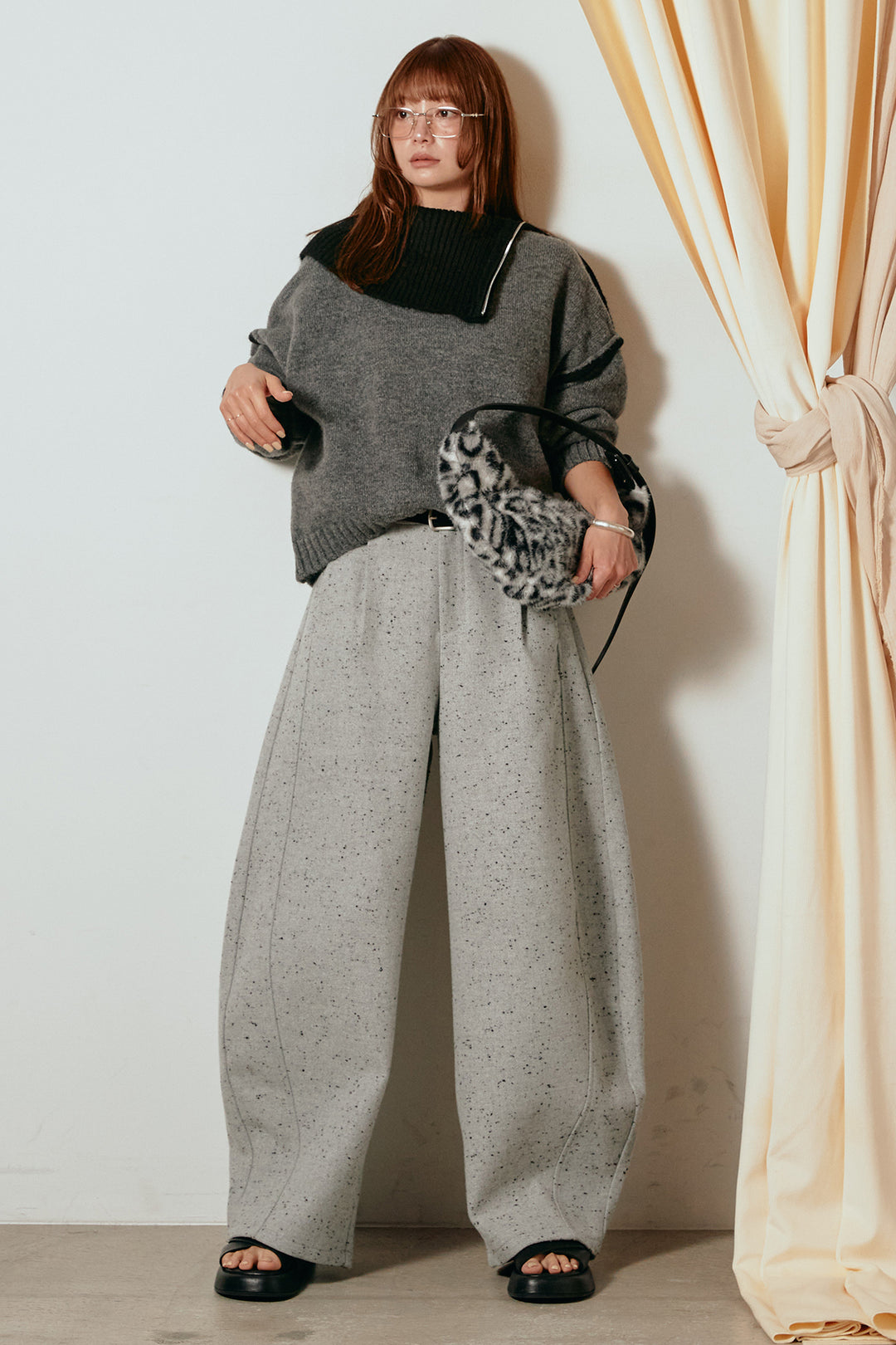 [SET]ハイネックジップデザインニットトップス+ベルト付きネップツイードカーブパンツ(2set)