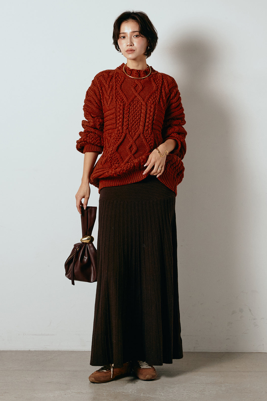 [SET]アラン柄ミックスケーブルニット+編み地切り替えフレアニットスカート(2set)