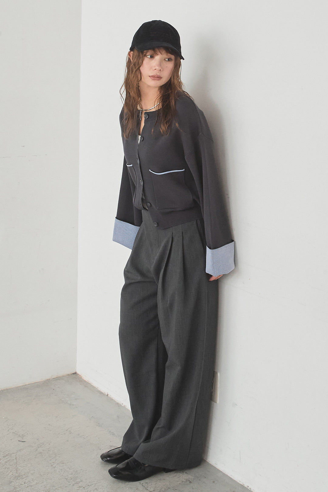 [SET]レーヨンポリダブルフェイスカーディガン+サイドベルトタック入りスラックス(2set)