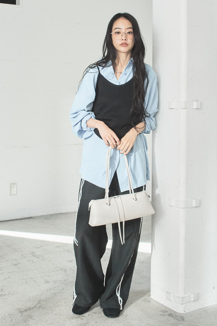 [SET]ニットキャミ付きシャツ+刺繡テープラインパンツ(2set)