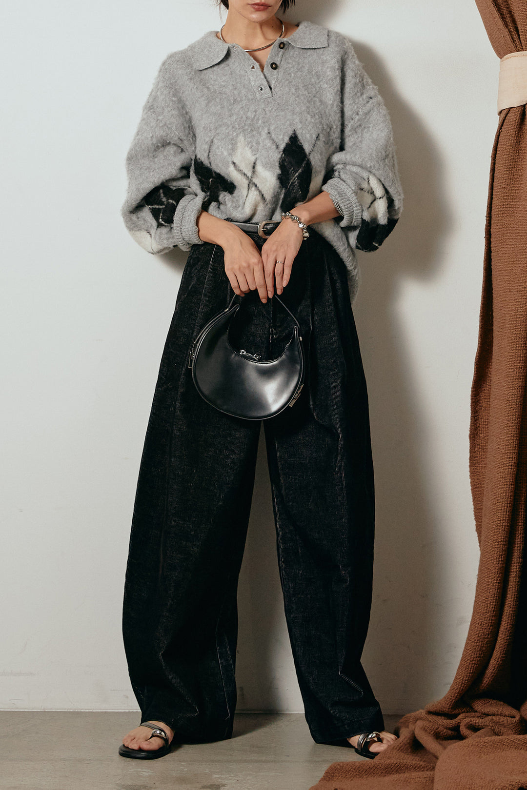 [SET]アーガイル柄ポロニットトップス+フロントタック入りコーデュロイパンツ(2set)